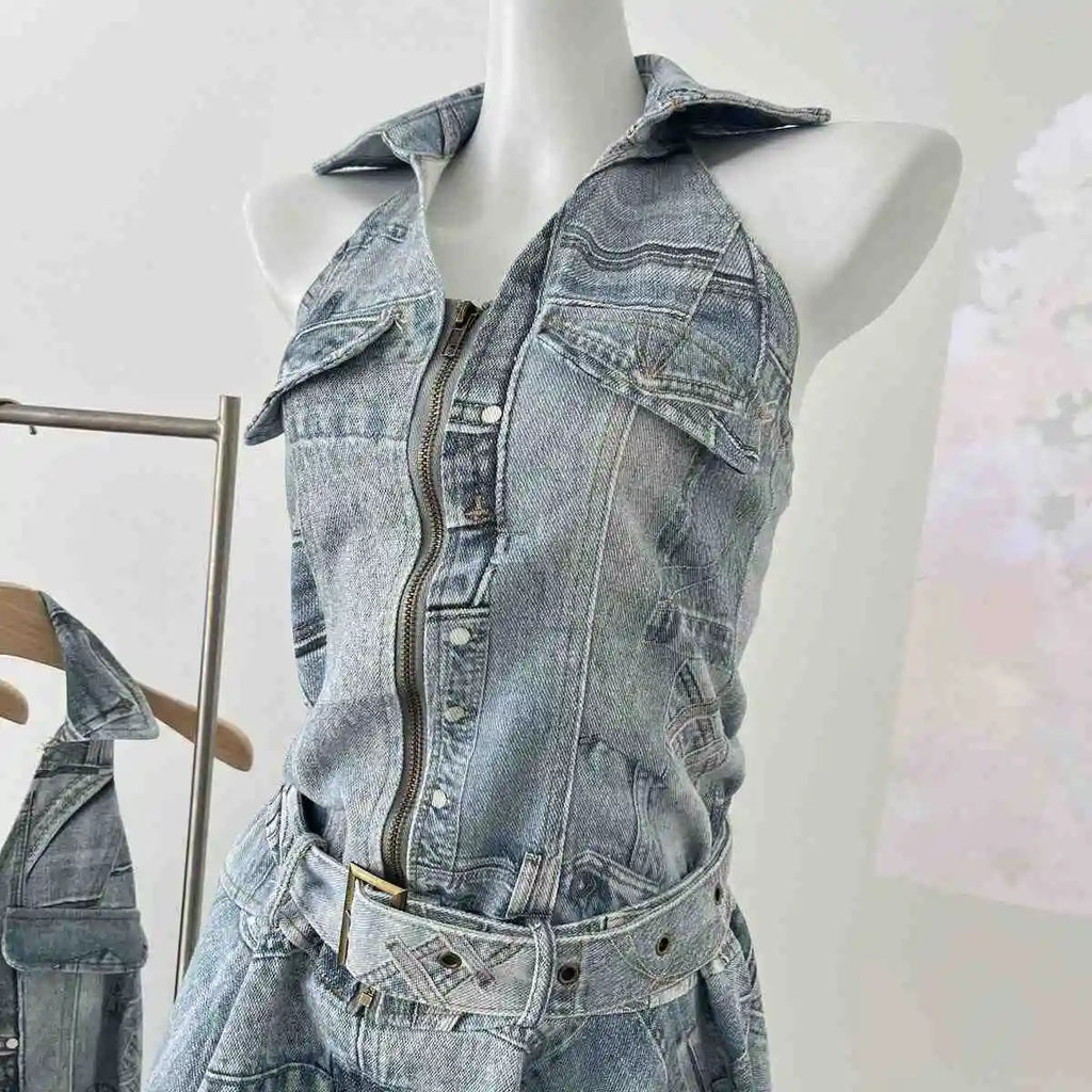 American Denim Waist-cinching Halter Neck Backless Sexy Casual Dress for Women, Distressed Retro Spliced Short Skirt