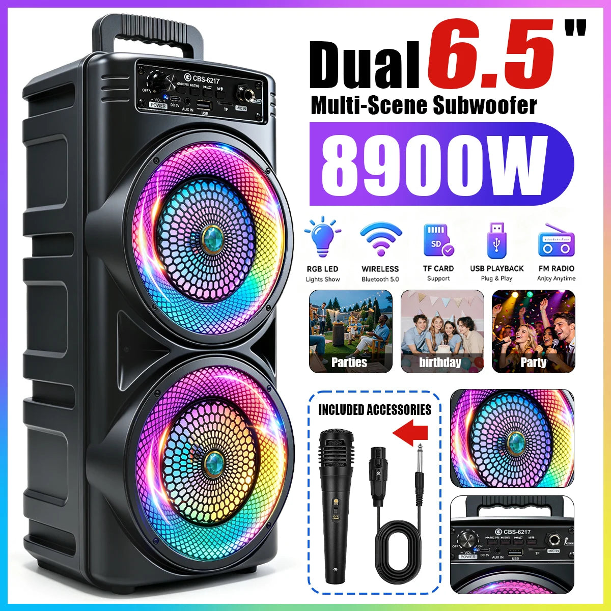 Portable  Bluetooth Party Speaker, Dual 6.5 Inch Big Subwoofer, Colorful RGB LED Light Effects, Wired Microphone, Bluetoo
