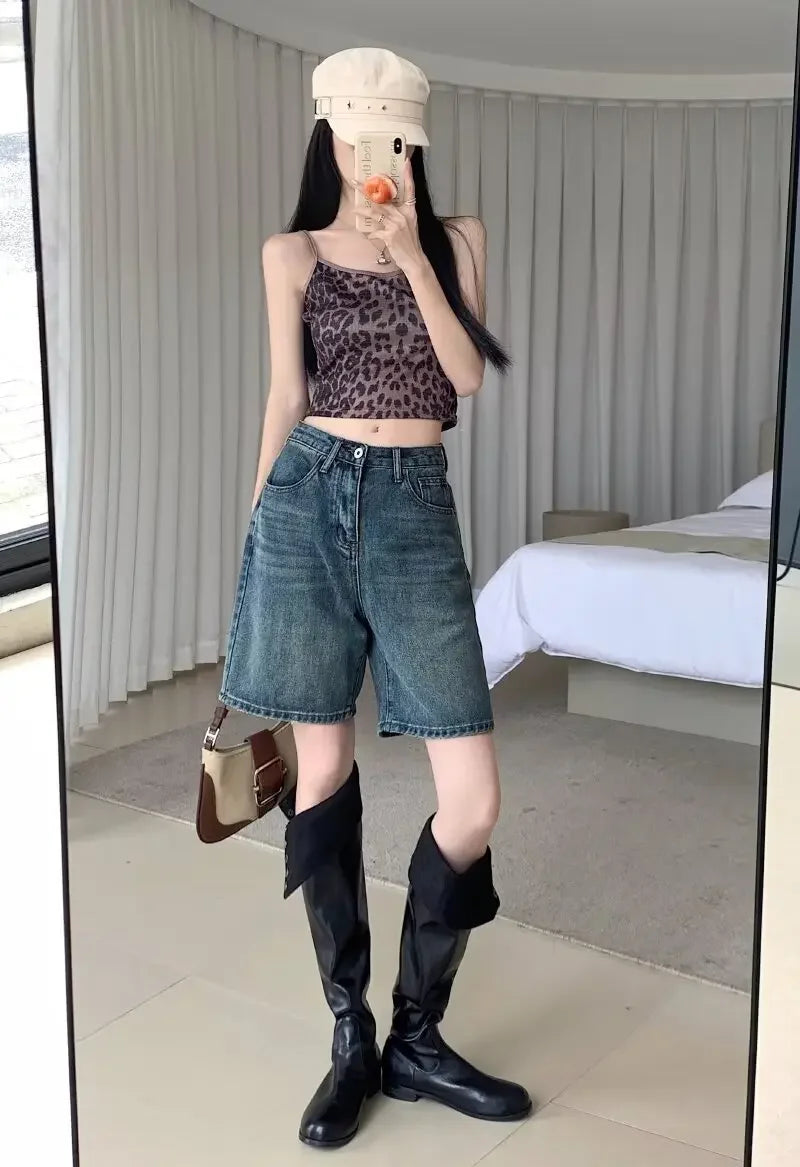 Summer High Waist Retro Jean Shorts for Women Loose Straight Denim Fashion Versatile Leisure Shorts Women's 2026