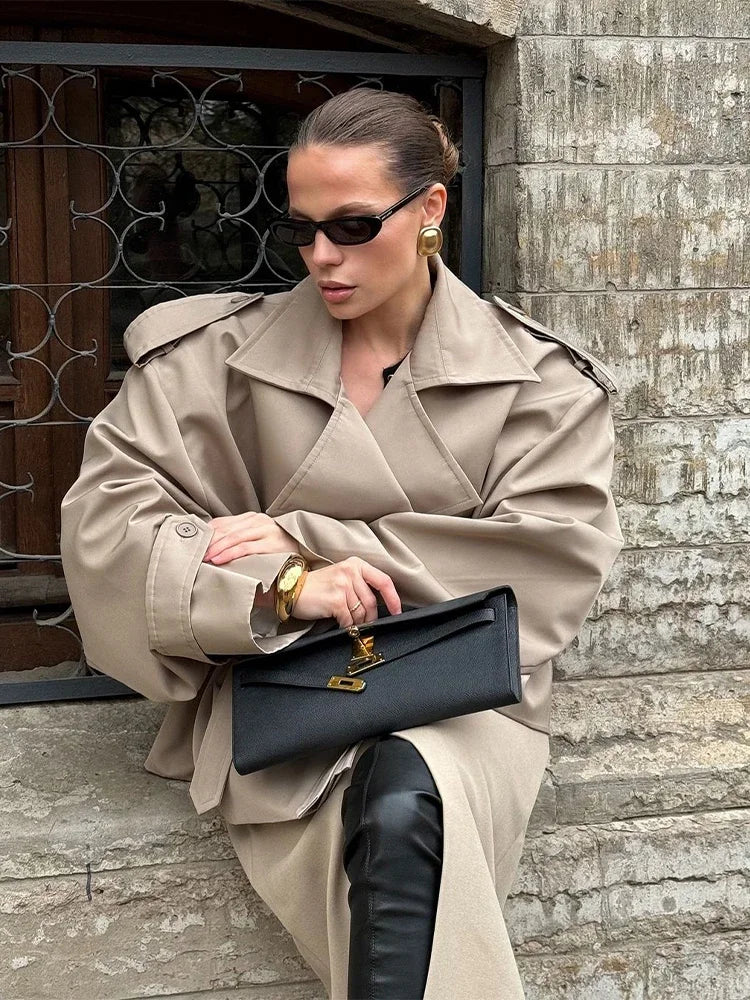 Khaki Lace Up Cape Trench Coat Loose Solid Full Sleeve Lapel Windbreaker 2026 Autumn New Fashion Commute Casual Daily Coats
