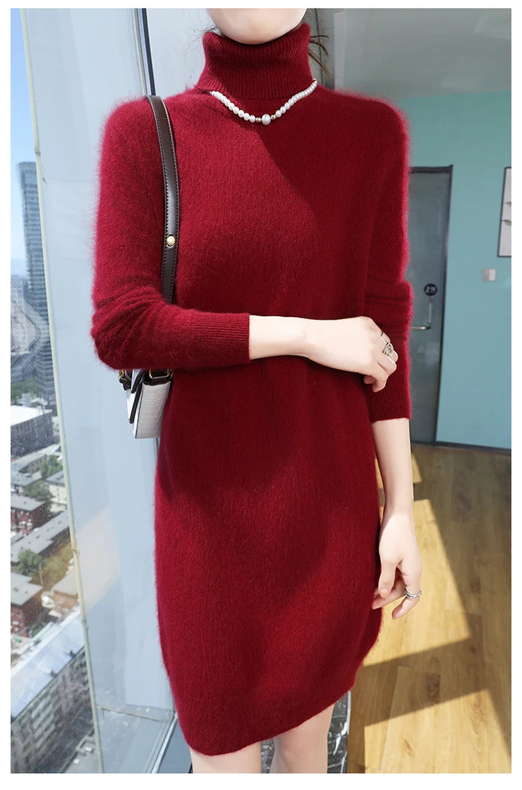 New Hot Selling 100% Mink Cashmere Knitted Women's High Neck Pullover Dress Sweater Slim Fit Solid Color Long Women's Dress
