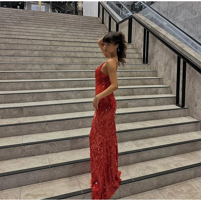 Women Sequin Sling Maxi Dress V-neck Solid Backless High Waist Sleeveless Dresses 2025 Fashion New Summer Lady Party Robes