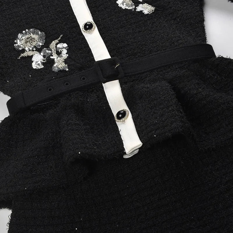 CHUJIE 2025 Autumn/winter New Fake Two-piece Design, Long-sleeved Round-neck, Floral Embroidery, Ruffle Decoration Knitted Dress