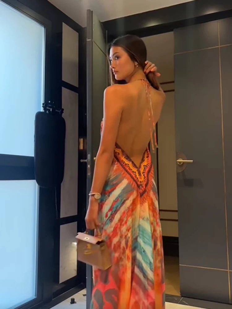 Bohemian Printed Halter Maxi Dress Women Sexy Backless Deep V-neck Sleeveless Off Shoulder Vestido Vacation Date Party Beachwear