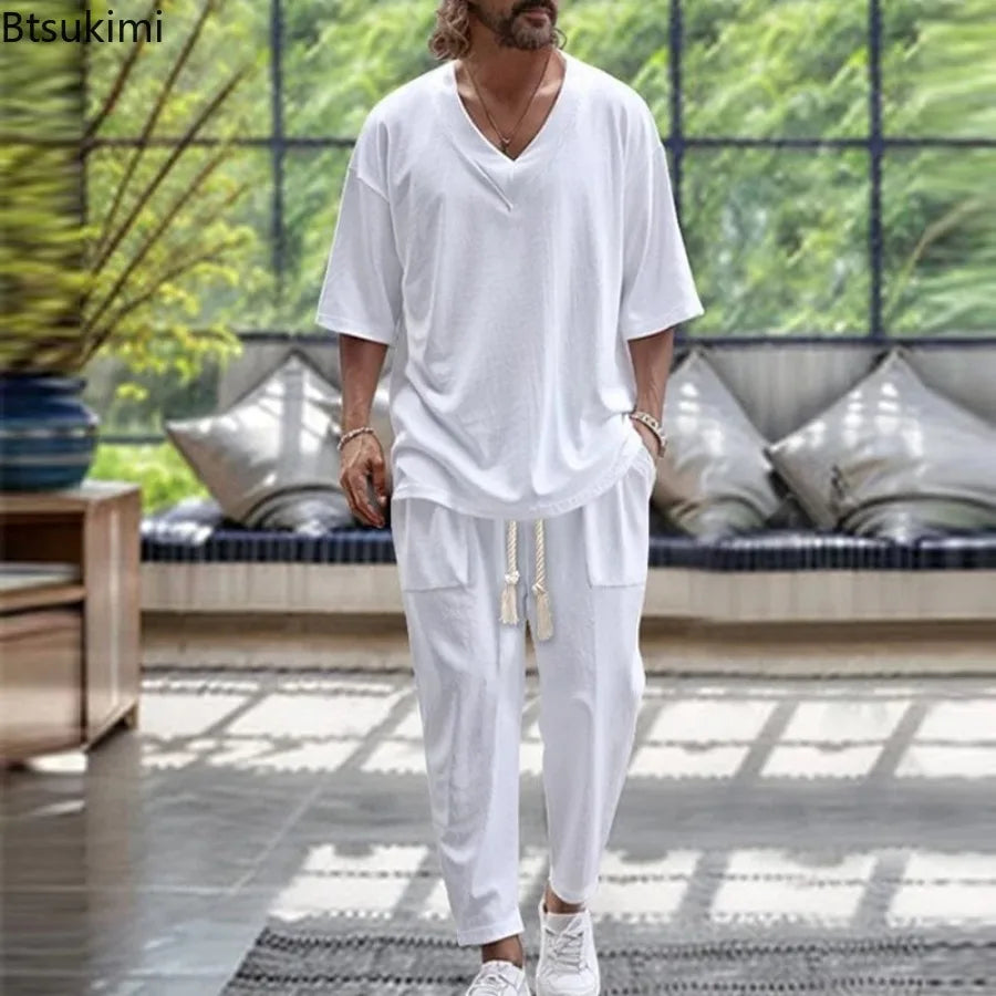 2026 Men Two Piece Sets Fashion Solid Tracksuits Summer Half Sleeve V-neck T-Shirt and Pants Loose Casual Outfit Male Streetwear
