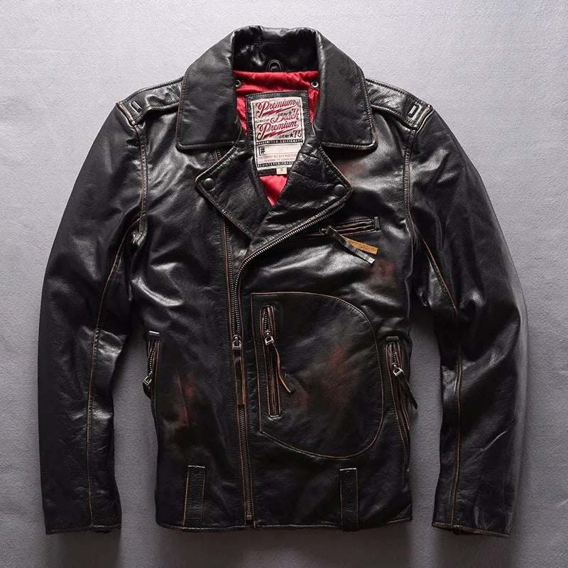 Vintage Black Winter Leather Jacket Men Retro Style Plus Size 5XK Natural Thick Cowhide Diagonal Zipper Genuine Leather Coat