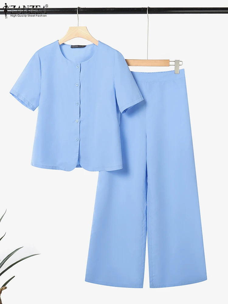 Fashion Summer 2PCS Outfits ZANZEA Women Pant Sets Short Sleeve Buttons Tops Suit Casual Solid Work OL Tracksuits Matching Sets
