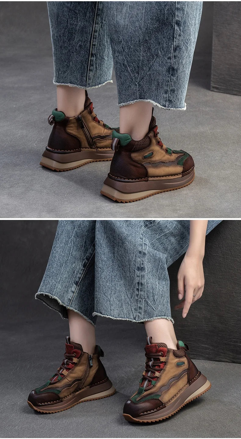 DRKANOL 2026 Women Boots Autumn Winter Mixed Colors Genuine Cow Leather Warm Ankle Boots Ladies High Top Casual Sneakers Shoes