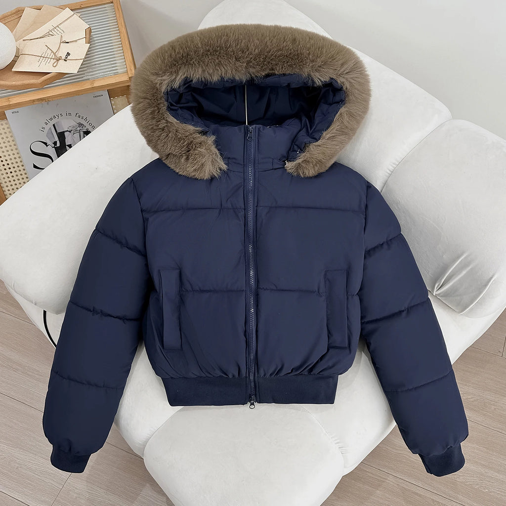 Women's Short Thickened Winter Cotton Jacket Quilted Coat Fur Collar American Retro Style Warm Casual Fashion Regular Fit