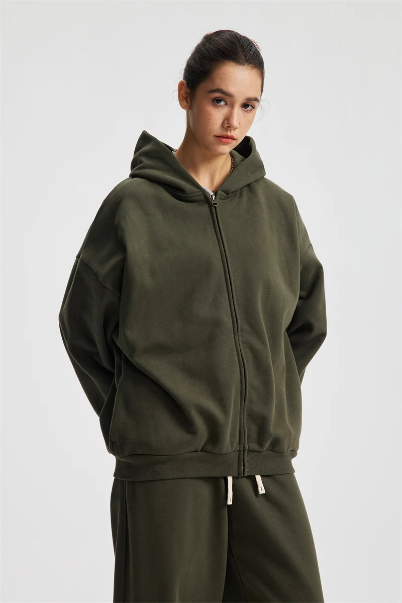 ZODF Trendy Winter Man Warm 430gsm Fleece Zipper Hoodies Unisex Solid Loose Zip-Up Hooded Coats Brand Outfit HY1130