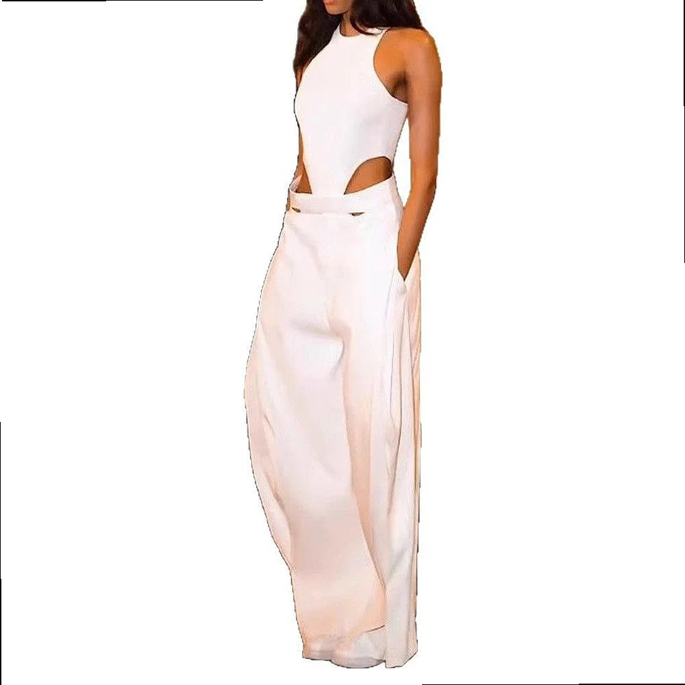 Women's Solid Color Sleeveless Hollow Out High Waist Wide Leg Jumpsuit Overall Playsuit