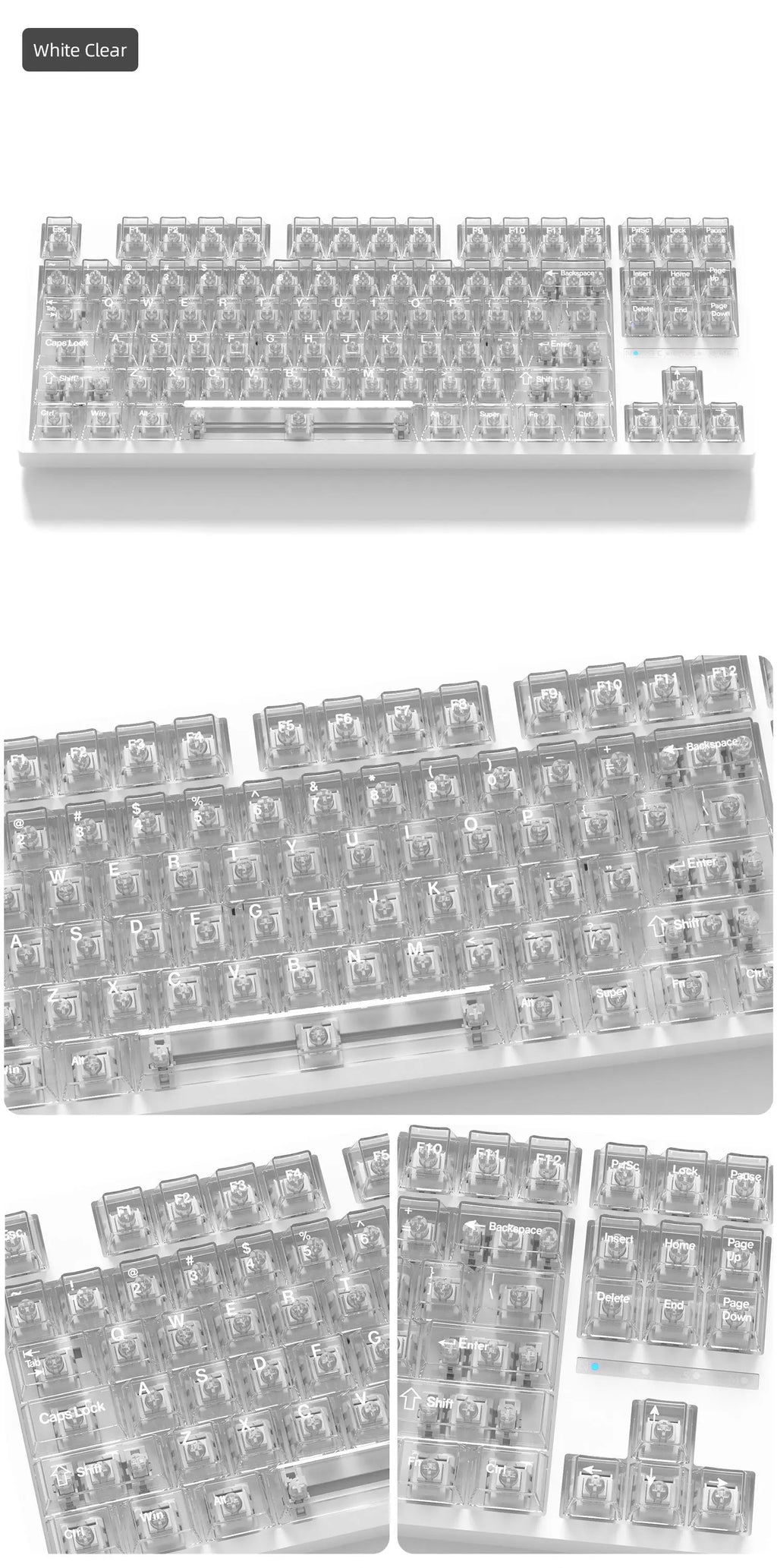 PC Keycaps Clear Transparent & Frosted Translucent White Black Full Set for Mechanical Keyboard 61 68 75 84 87 89 96 98 100 104