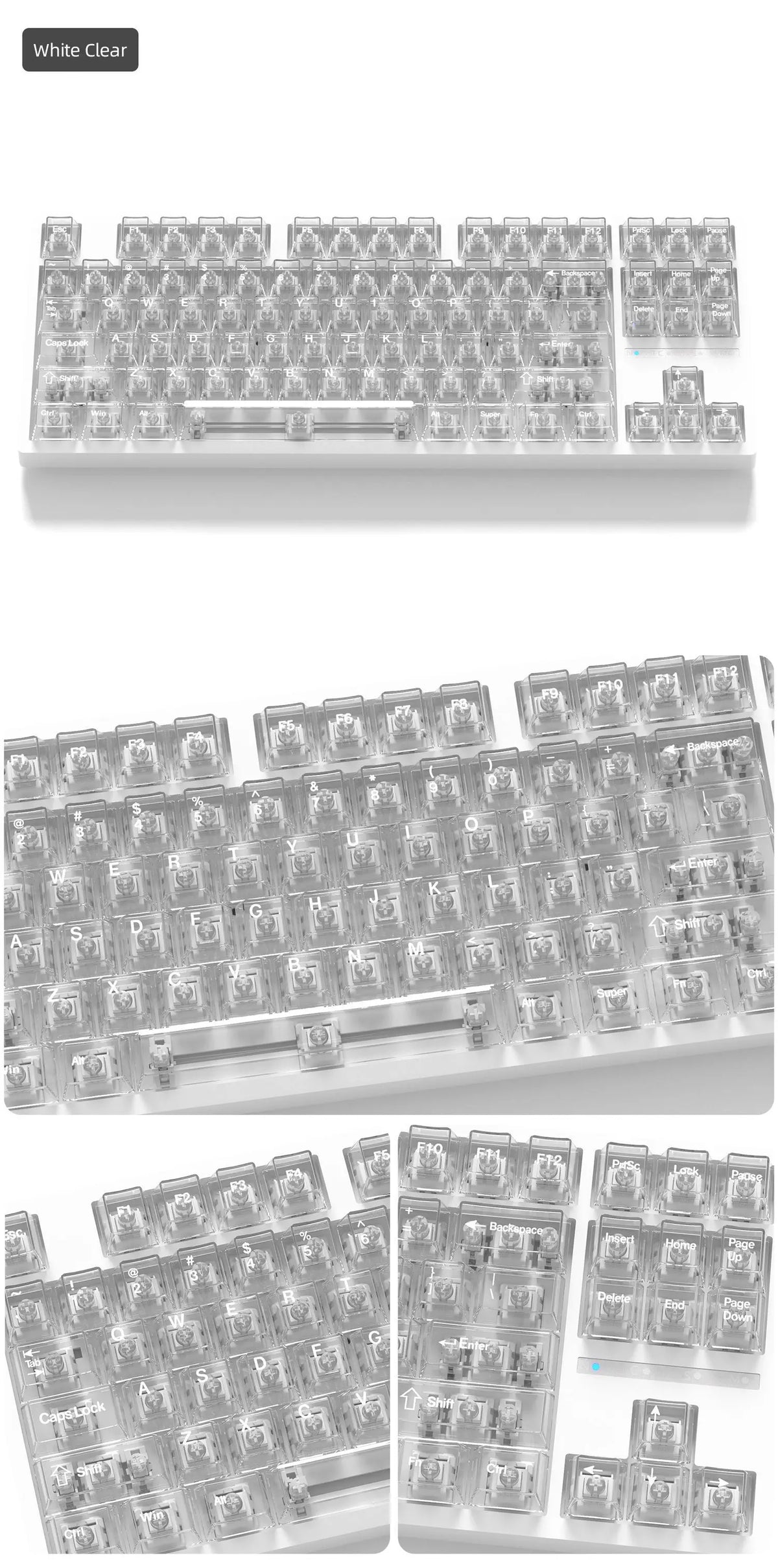 PC Keycaps Clear Transparent & Frosted Translucent White Black Full Set for Mechanical Keyboard 61 68 75 84 87 89 96 98 100 104