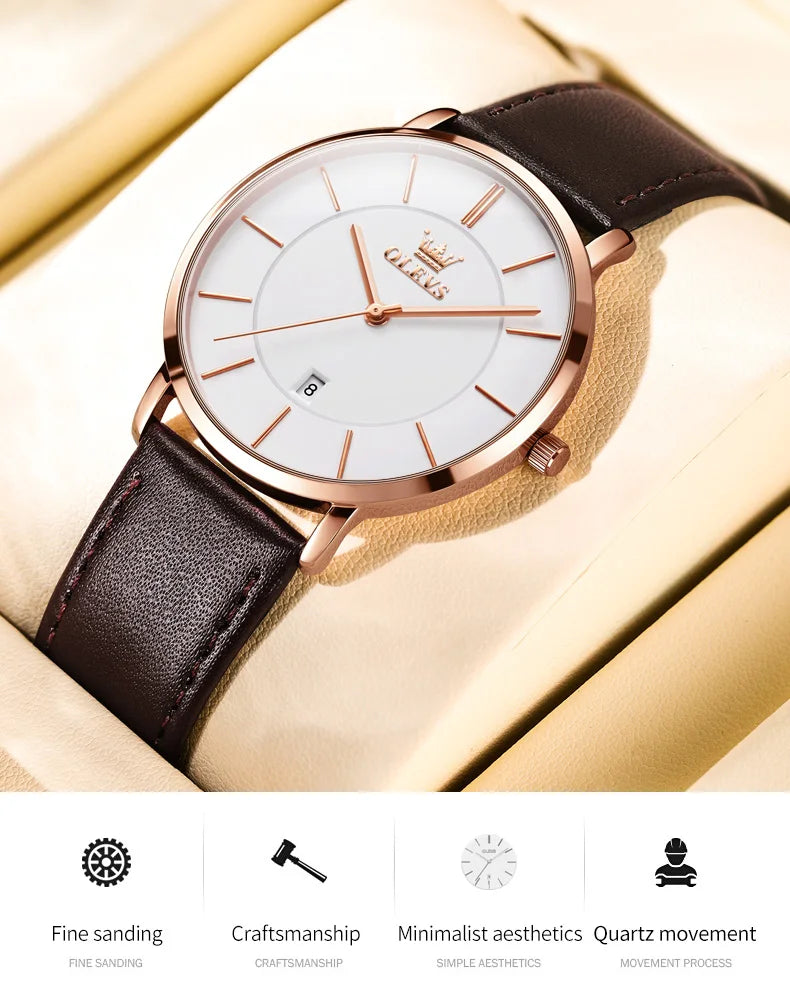 OLEVS 5869 Ultra Thin 6.5mm Quartz Watch for Men Fashion Leather Strap Simple Luxury Auto Date Clock Men's Wristwatch Waterproof