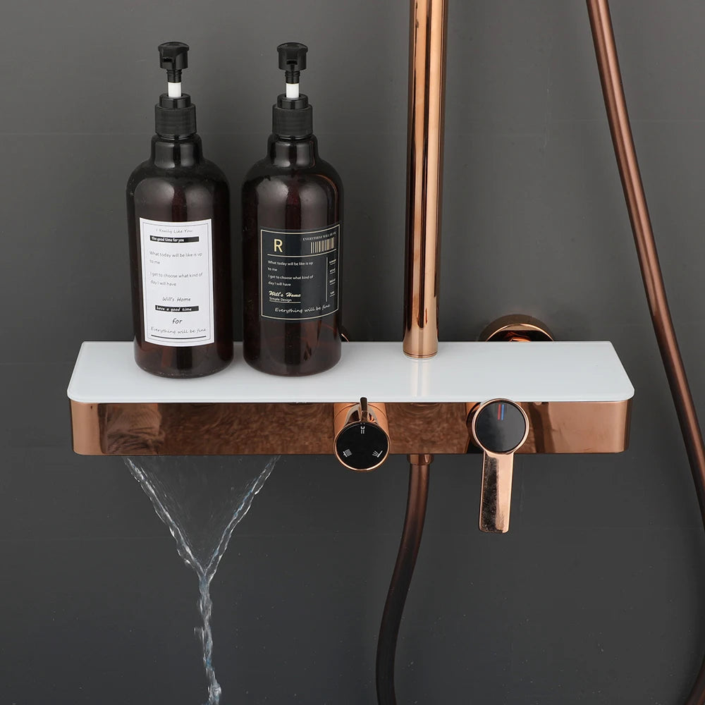 KEMAIDI Rose Gold Bathroom Shower Set Rainfall Hot And Cold Control Multifunctional Bath Shower Faucet System W/ Hand Shower