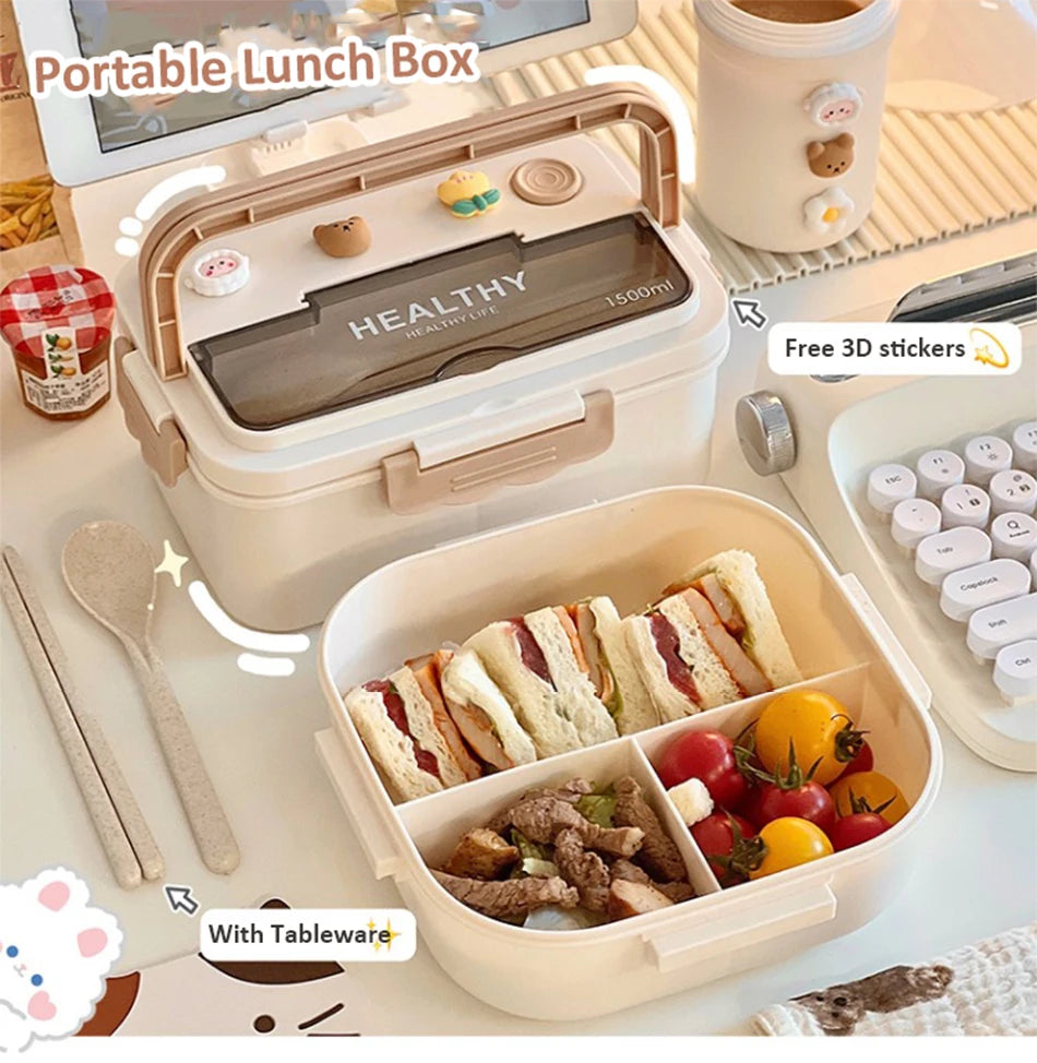 New Kawaii Lunch Box For Girls Portable School Kids Plastic Picnic Bento Box With Compartment Microwave Food Storage Containers