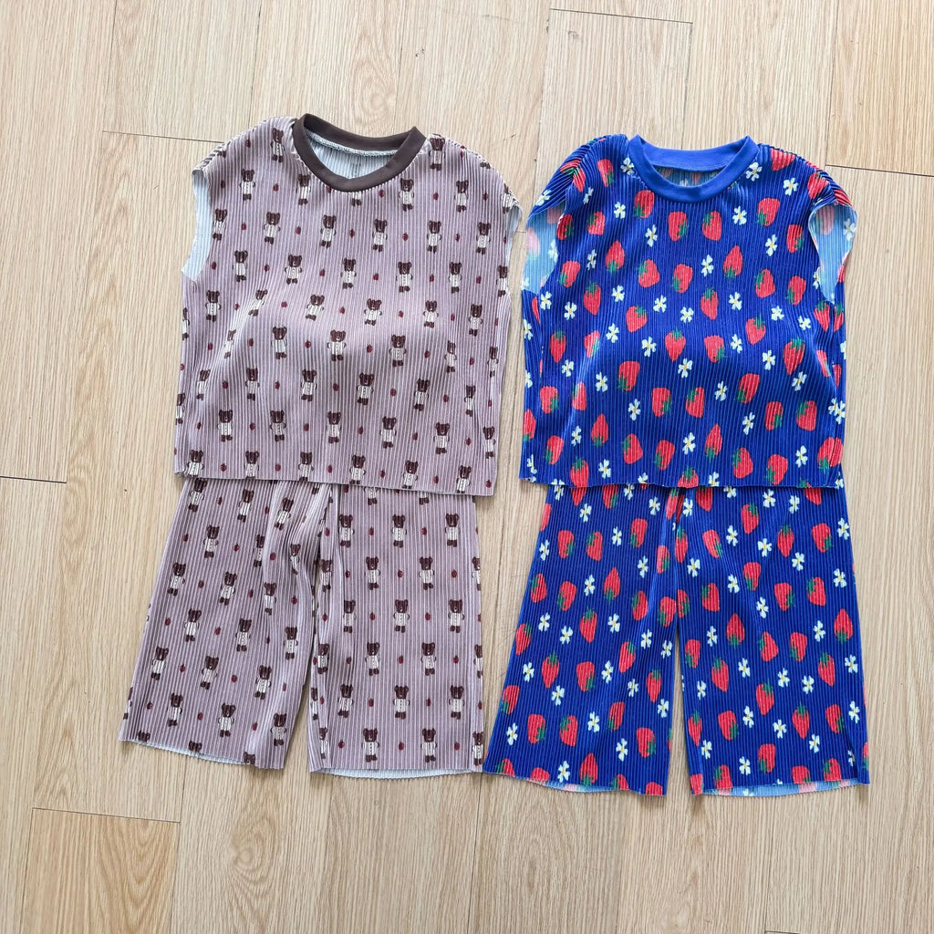2026 New Infants Kids Matching Clothing Set Cartoon Print Pleated 2 Pieces Suit Tank Top Trousers Soft Loose Streetwear Homewear