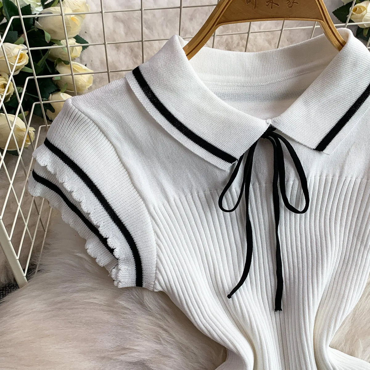 Summer Women Sweet Strechy Sundress Turndown Collar Short Sleeve Knitted Dress Lace Up Bow High Waist A-line Mini Dress
