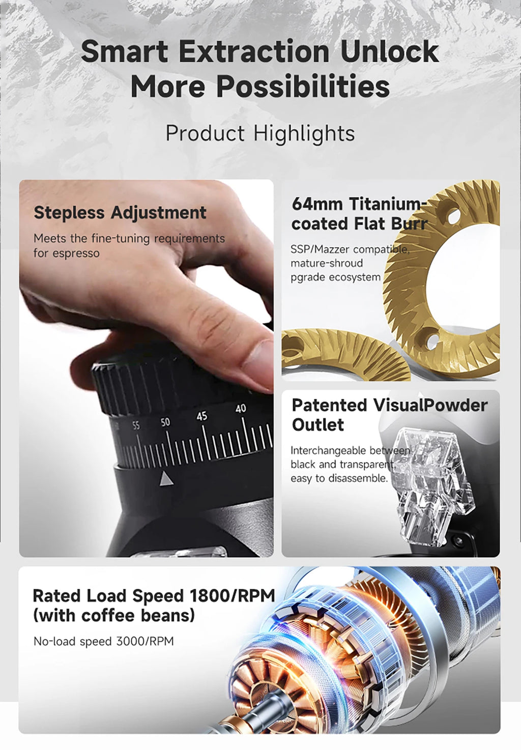 STARSEEKER E64 Electric Coffee Grinder Home 64mm Titanium Plated Flat Burr 1800RPM For Espresso Coffee Bean Stepless Adjustment