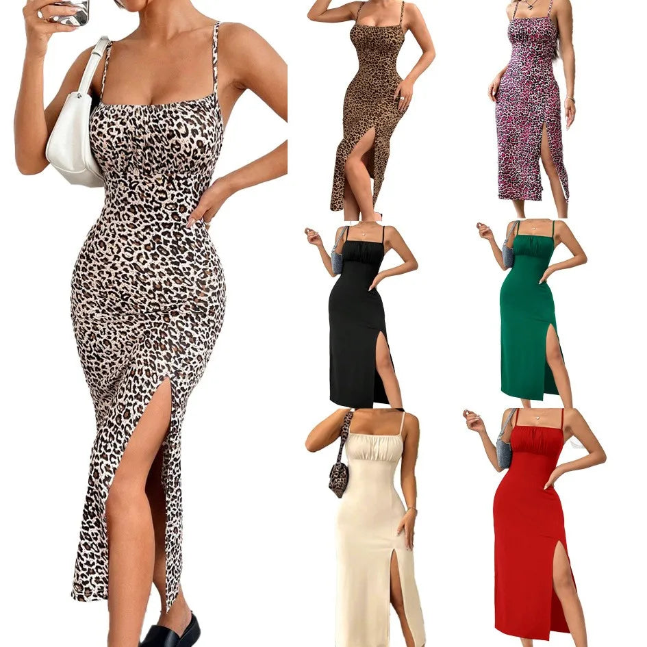 Elegant Women's Sleeveless Spaghetti Strap Long Leopard Print High Slit Backless Ruched Dress for Party Sexy Evening Clothes