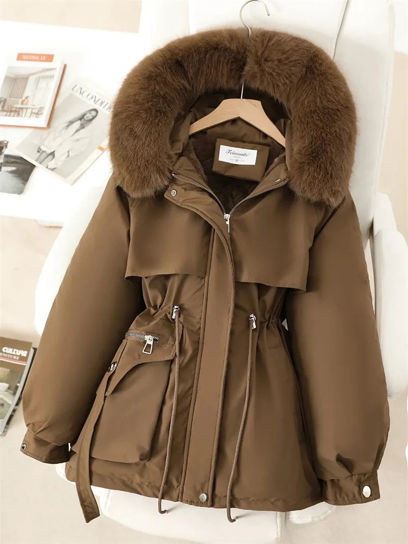 Fleece Lined Hood Down Jacket Winter Coat for Women Warm Drawstring Padded Parkas Korean Casual Streetwear Female Puffer Outwear