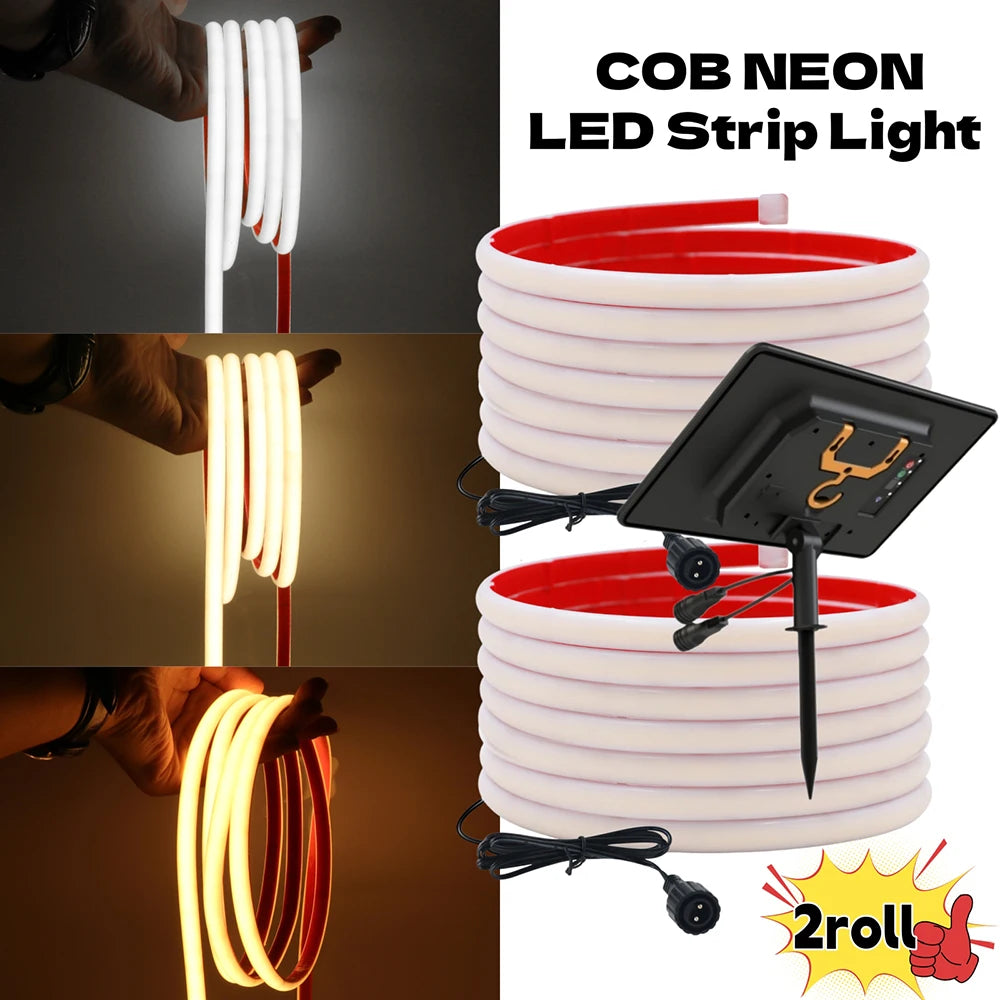 Solar Neon Light Strip 24V COB Waterproof IP68 Flexible LED Tape Red Green Blue Warm White 320LED/m High Density Linear Lighting