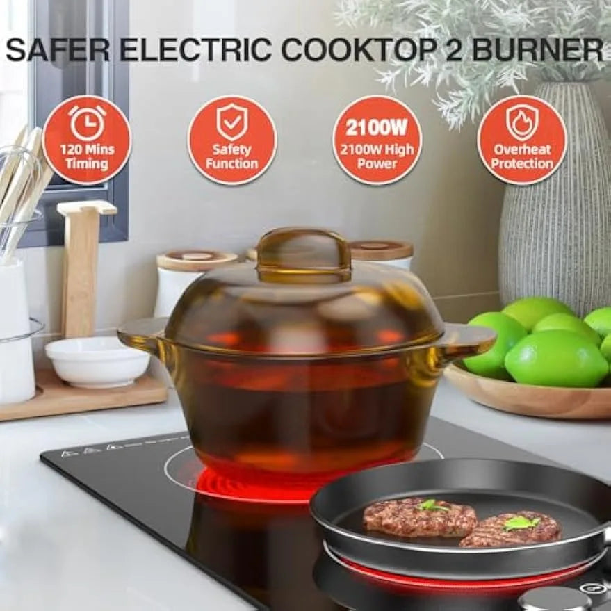 Electric Cooktop 2 Burners Knob Control Countertop Built-in Ceramic Cooktop