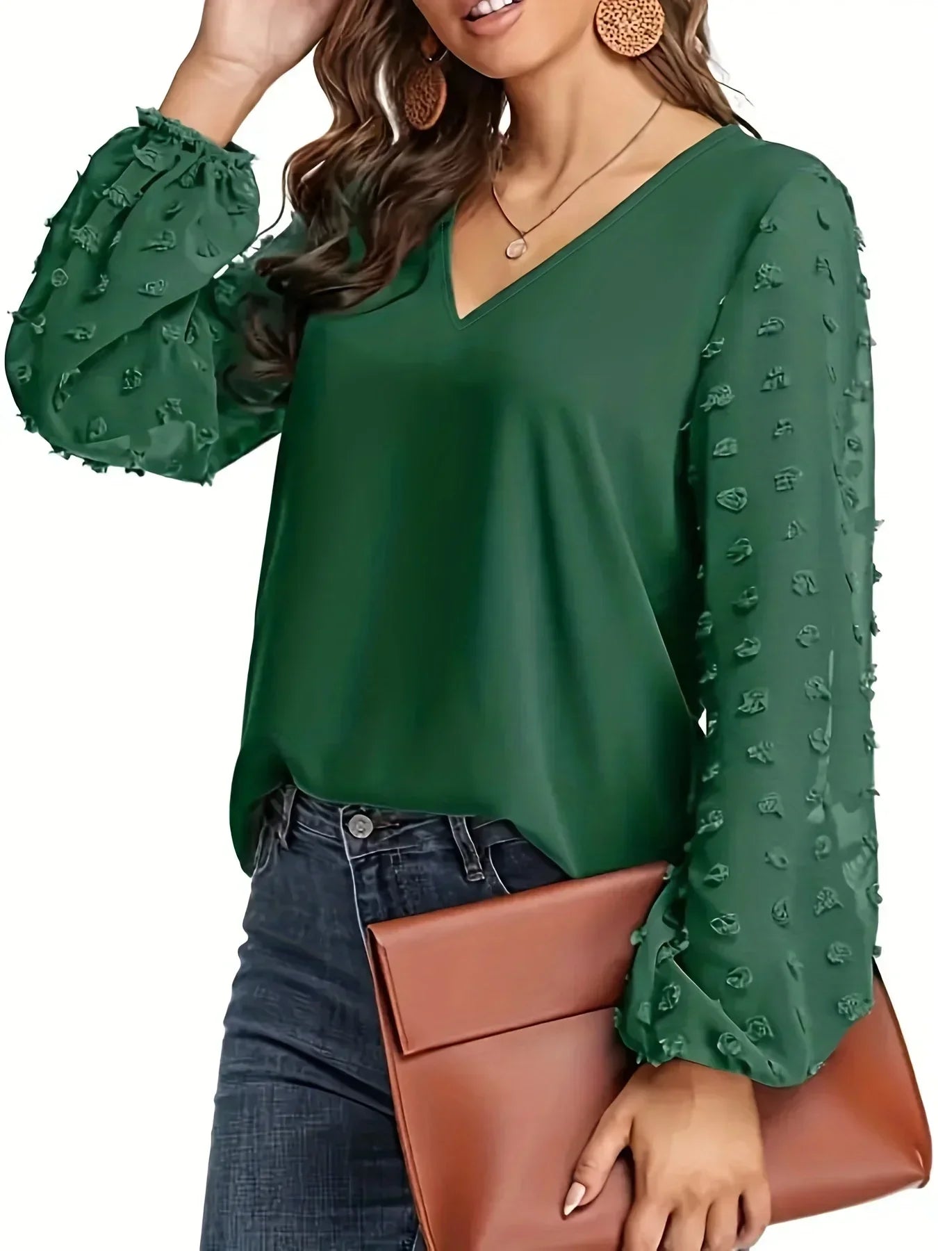 Women's Plus Size 1XL-5XL Swiss Dot Sleeve Shirt Ladies Casual V Neck Solid Shirt For Spring & Fall Women's Clothing Fashion