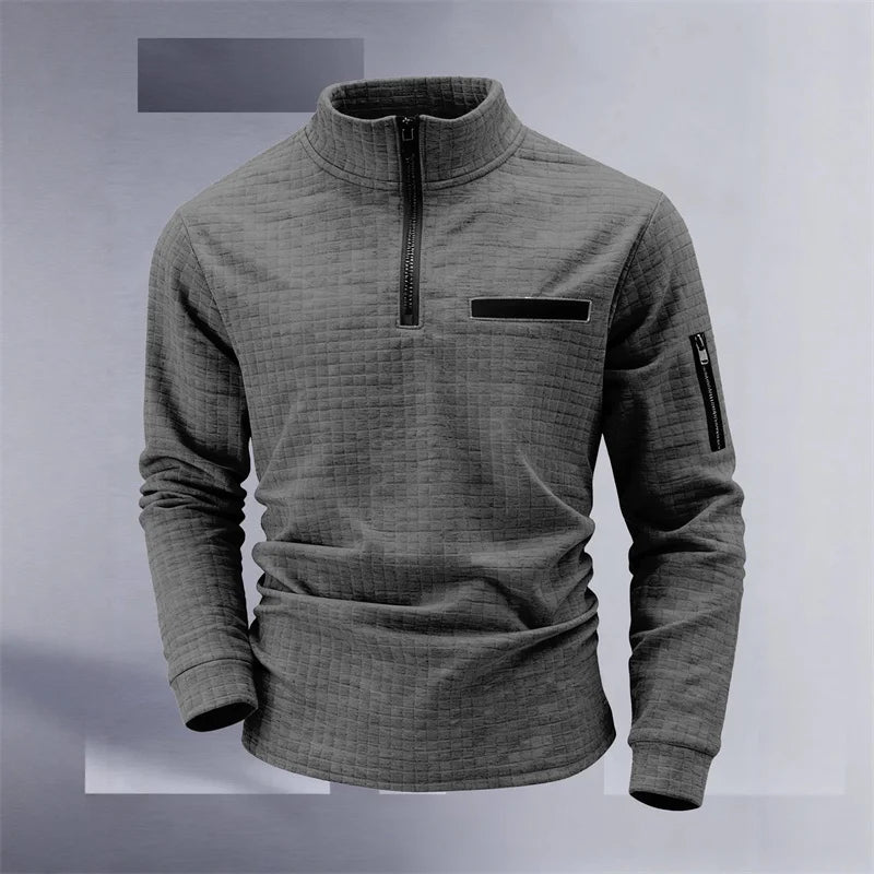 New men's athletic polo shirt, vintage striped design with half-zip closure, slim fit, stylish outdoor long-sleeved casual top.