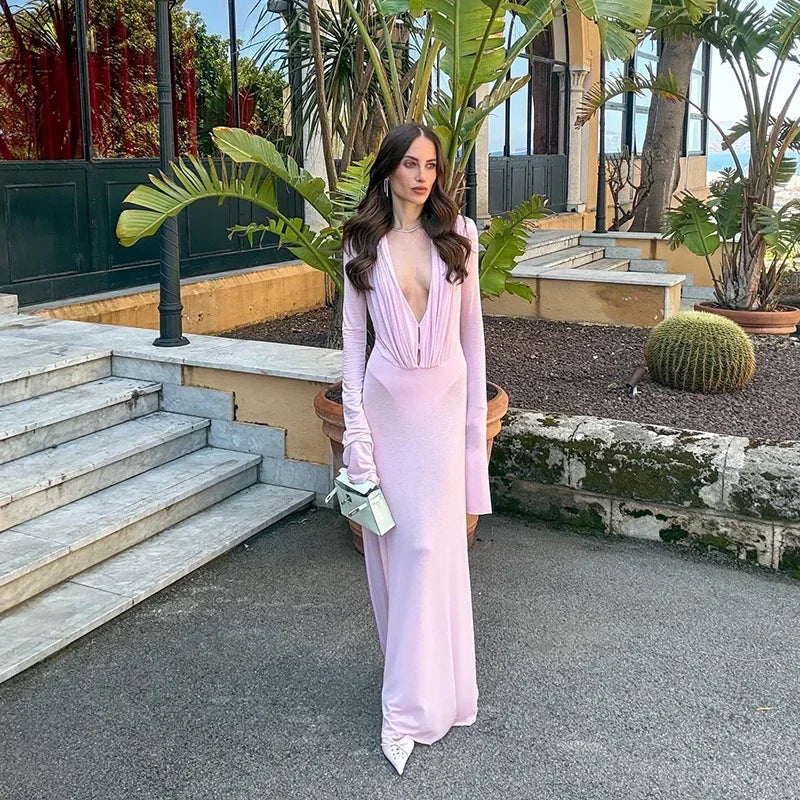 Luxury See Through Mesh Bodycon Maxi Dress For Women Lady Long Flared Cuff Deep V Neck Pleated Beach Holiday Evening Party Gown