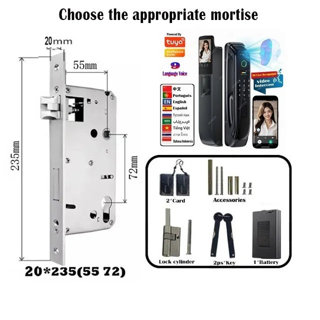 5050 5072 5572 4585 6085 Mortise Tuya WiFi Video Intercom 3D Face Recognition Smart Lock Biometric Camera Auto Keyless Lock