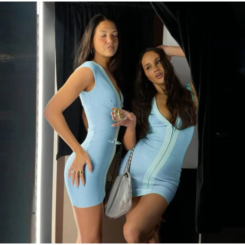 Elegant V-Neck Women's Dress Sleeveless Zippers Elastic Hip Package Lady Mini Dresses 2026 Summer Autumn Chic New Female Robe