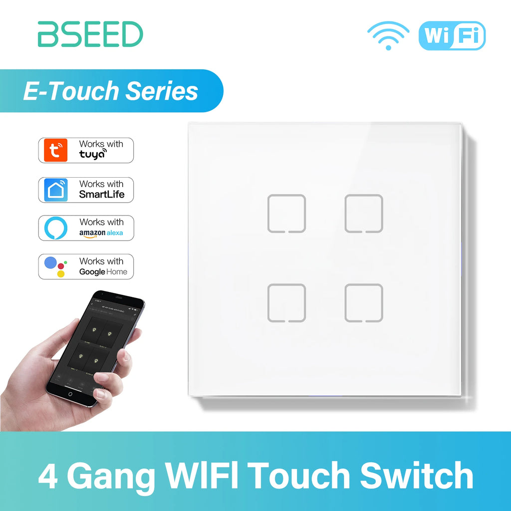 BSEED 1/2/3/4Gang WIFI Touch Switch Glass Panel Smart Wall Light Switch Touch Screen Phone Fast Charge USB C Socket E Series