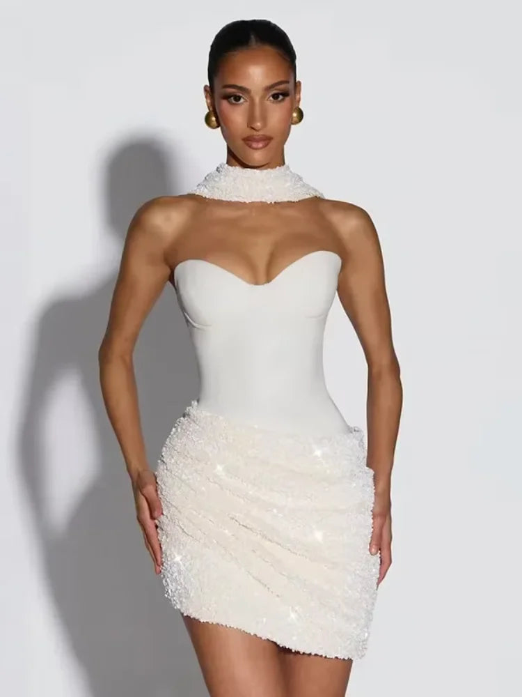 Sexy Sequin Pleated Strapless Mini Dress Women Chic  Scarf Collar Off Shoulder Waist Cinching Dresses Lady Evening Party Gown