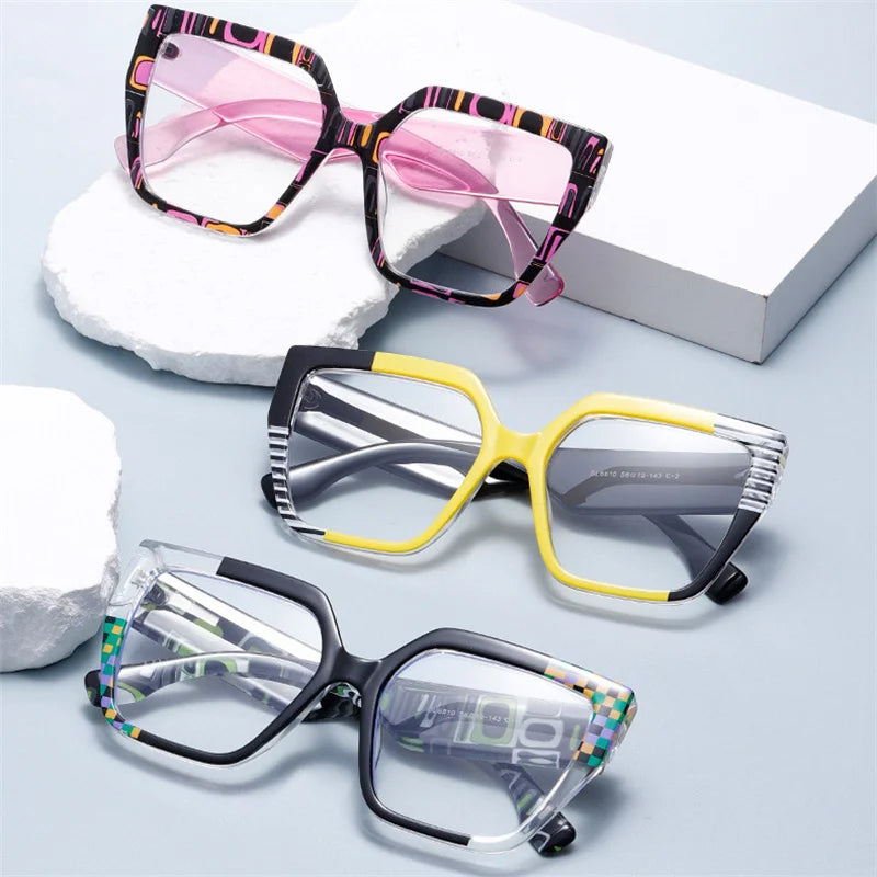 New Square Grid Pattern Frame Photochromic Anti Blue Ray Femal Sunglasses Presbyopic Hyperopia Short Sight Prescription Eyeglass