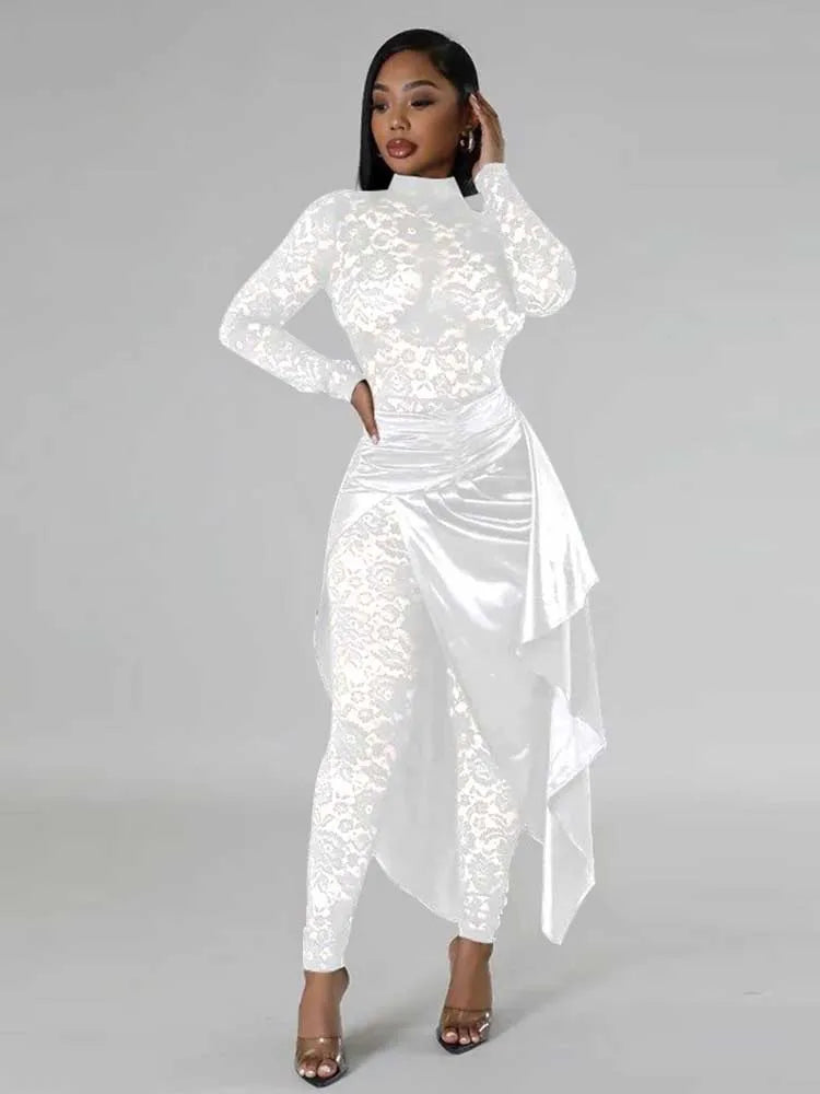 Spring Elegant Woman Jumpsuit Sexy Transparent Lace Full-length Jumpsuit Long Sleeve Jumpsuit with Dress Wholesale Dropshipping