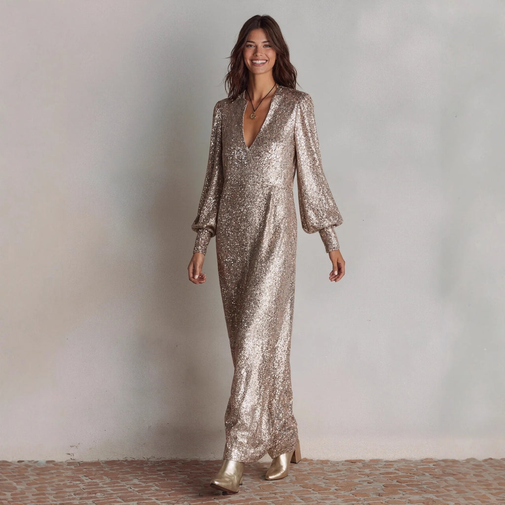 European and American style long-sleeved, slit, sequined, IN style casual, loose-fitting party dress for autumn and winter