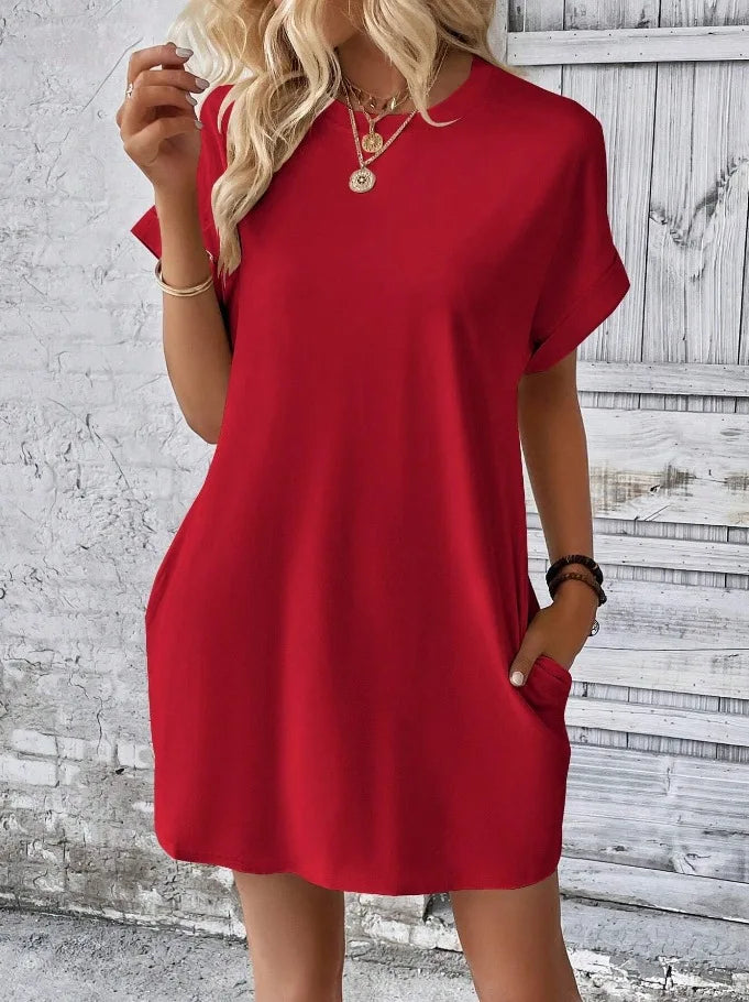 New women's spring and summer fashionable temperament casual commuting solid color round neck loose short sleeved pocket dress