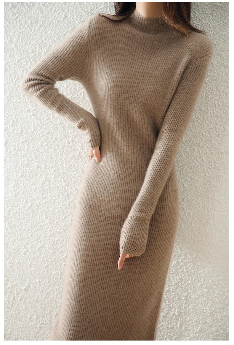 Autumn and winter semi high neck drawstring high elasticity slim fit 100% wool pullover dress, mid length over knee cashmere