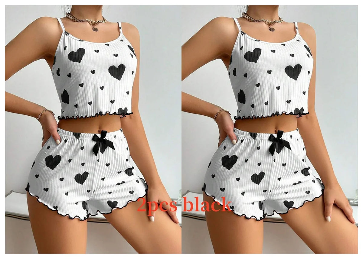 Women's Pajamas Set Sleepwear 2 PCS Short Tank Tops And Shorts S M L White Ventilate Soft Casual Love Printing