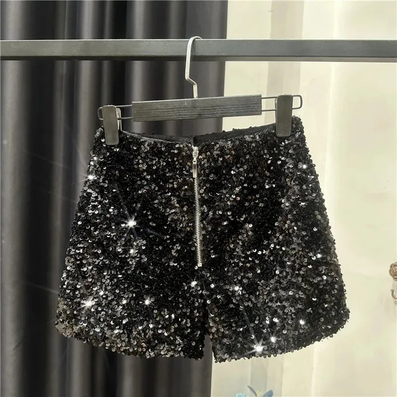 Spring/summer new Spice Girls sequin zipper shorts Slimming suede embroidered beaded casual pants