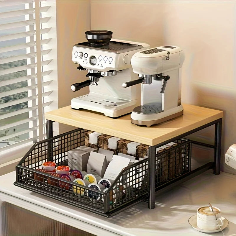 Space-Saving Kitchen Countertop Organizer with Drawer & Wire Basket - Sturdy Hardwood  Shelf for Coffee Maker.