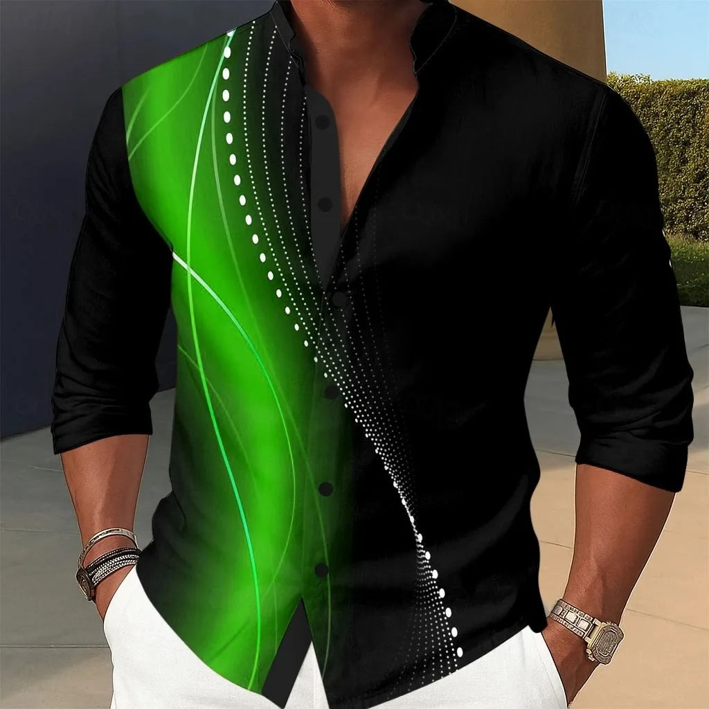 New men's geometric gradient line satin shirt, fashionable casual vacation day wear, lapel 3D printed button up shirt
