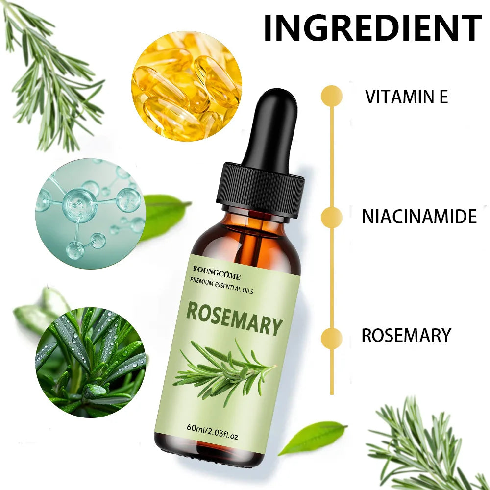 YOUNGCOME Natural Rosemary Essential Oil, Repairs Damaged Hair Improves Quality Moisturizes Hair Care Oil Suitable for Hair, Bod