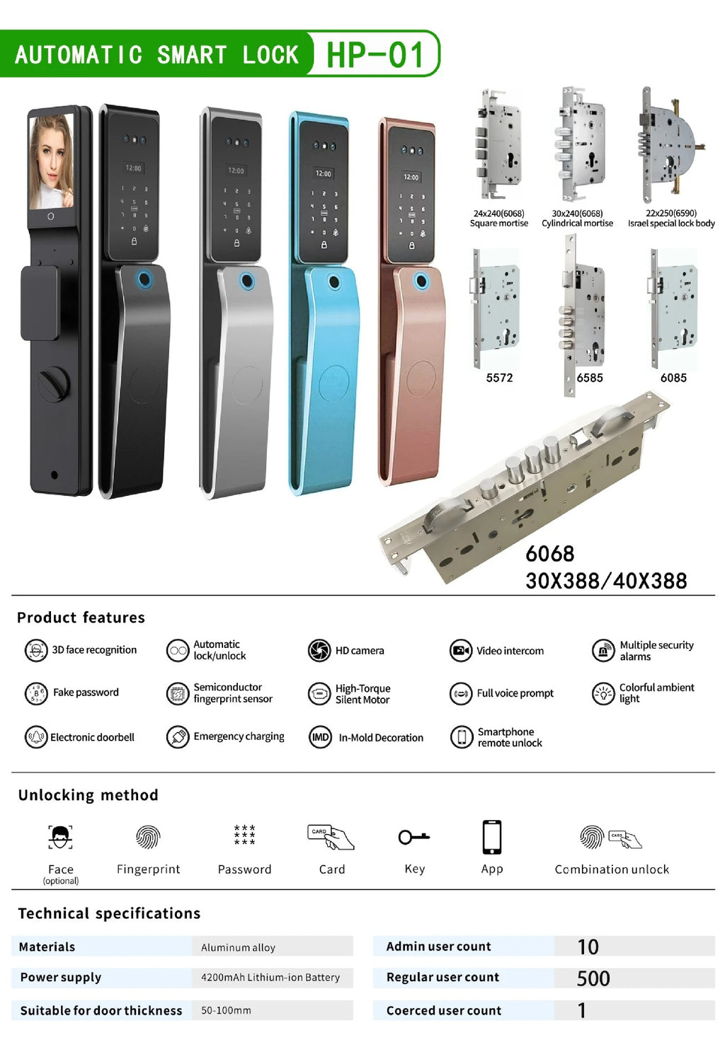 2026 New Tuya 3D Face Palm Recognition Smart Lock Durable Electronic Lock Waterproof Digital Lock Suitable for Europe, Israel