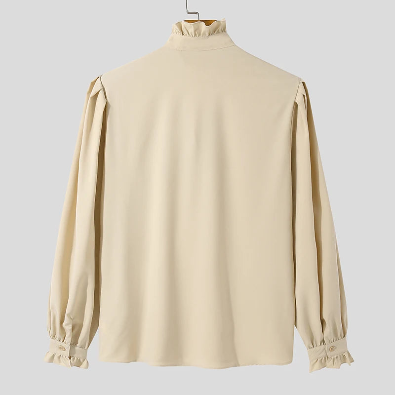 INCERUN 2024 Men Shirt Stand Collar Solid Color Ruffle Long Sleeve Casual Men Clothing Streetwear Elegant Fashion Camisas S-5XL
