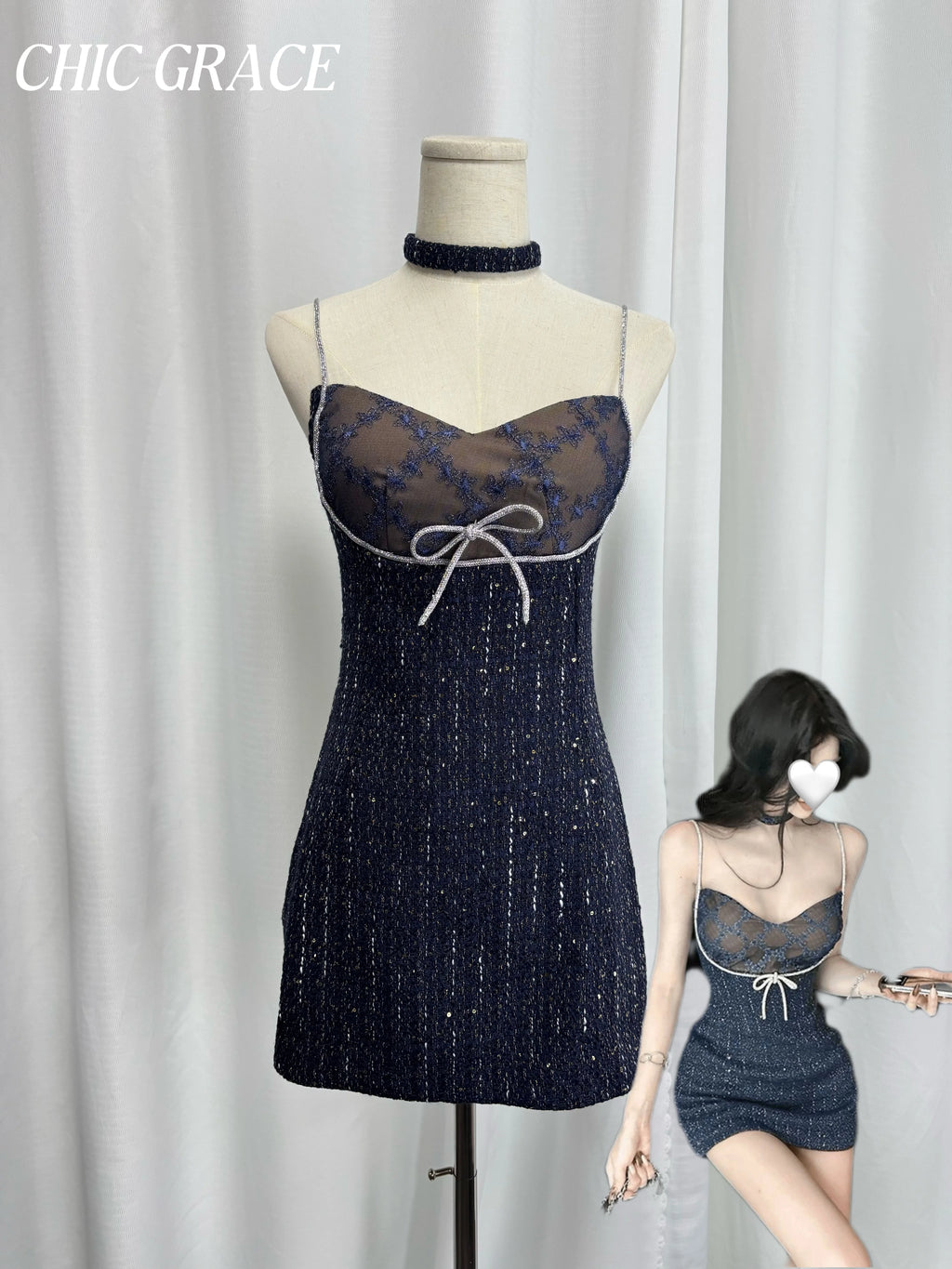 Real Shot Women's Luxury Sequin Sling Dress 2025 Fall New Chic Bodycon Mini Dress Sexy Lace Patchwork Waist Cinched Party Dress