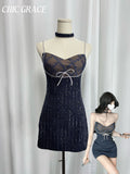 Real Shot Women's Luxury Sequin Sling Dress 2025 Fall New Chic Bodycon Mini Dress Sexy Lace Patchwork Waist Cinched Party Dress