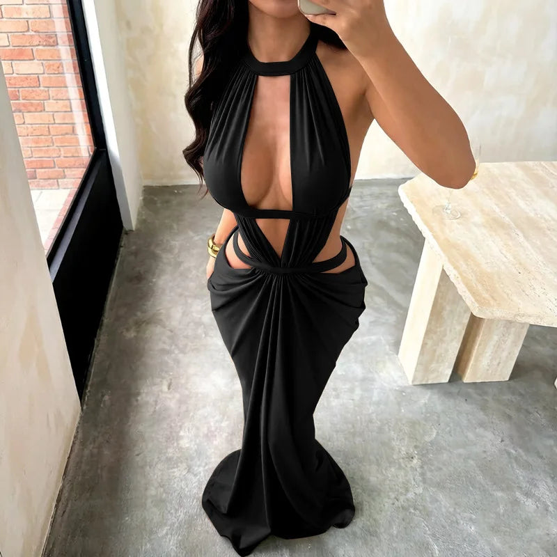 Halter Cut-Out Draped Super-Cut Back Bare Elegant Party Maxi Dress Waistless Backless Sleeveless Khaki Evening Prom Long Dress