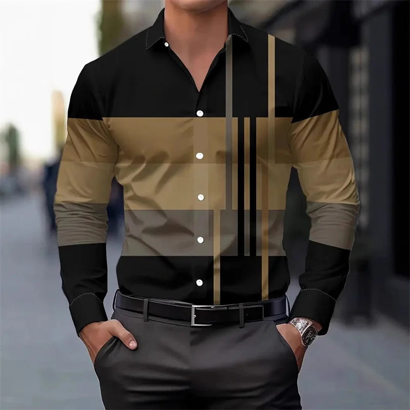 Men's color-blocked striped patchwork long-sleeved shirt, unique geometric pattern slim fit shirt, stylish men's top, XS-6XL.